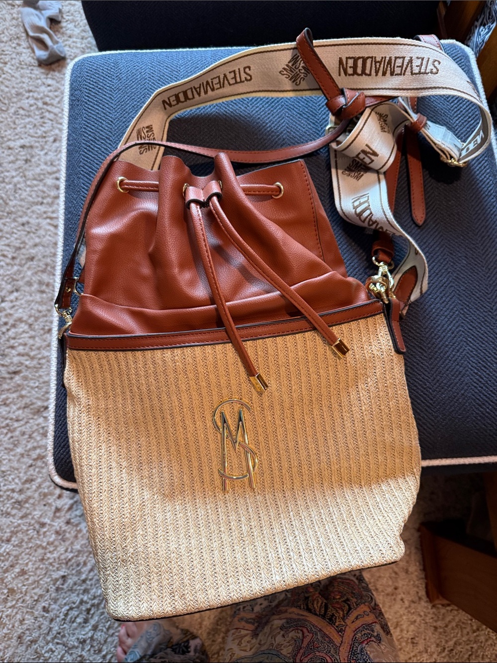Steve Madden Two-Tone Straw and Brown Leather Drawstring Shoulder Bag